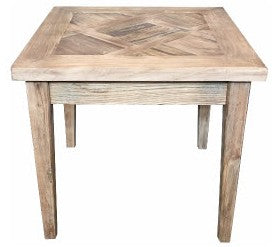 rustic recycled elm lamp table with tapered legs and a checkered patterened top