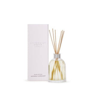 patchouli & bergamot 100ml fragrant diffuser by peppermint grove, comes in a glass bottle