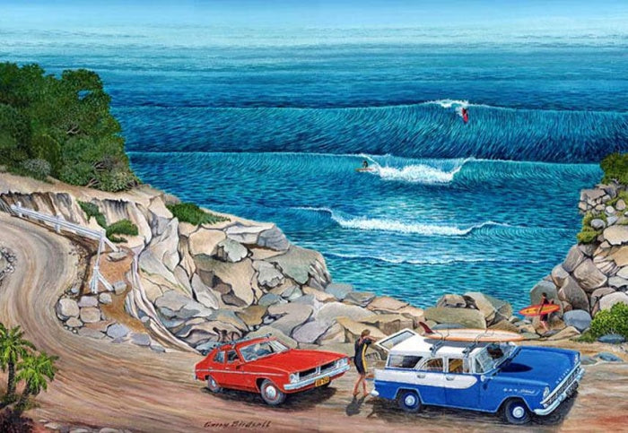 Surfing Outside of Bommie by Garry Birdsall - Surf Art - 11x14