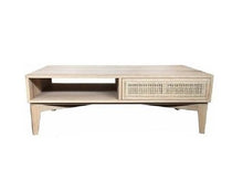 Load image into Gallery viewer, natural oak coffee table with push open draw one side and open shelf the other side
