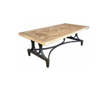 Load image into Gallery viewer, recycled elm coffee table with a parquetry patterned top and rustic iron decorative legs