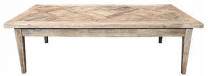 rustic recycled elm coffee table with tapered legs and a checkered patterened top