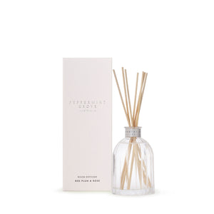red plum & rose 100ml fragrant diffuser by peppermint grove, comes in a glass bottle