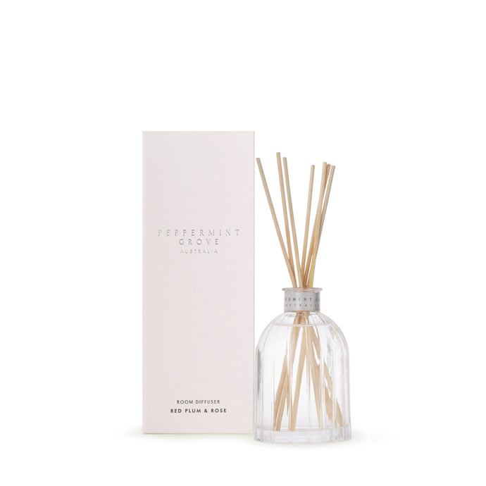red plum & rose 100ml fragrant diffuser by peppermint grove, comes in a glass bottle
