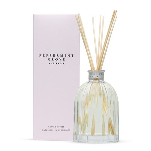 patchouli & bergamot 350ml fragrant diffuser by peppermint grove, comes in a glass bottle